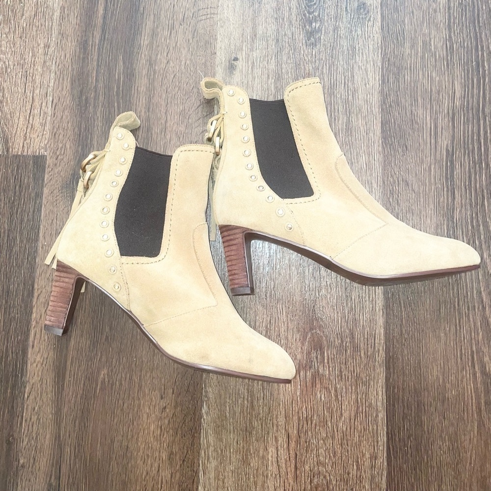 See by Chloe Brown Suede Studded Pull-on Heeled Boots with Tasels Size 38 / US 8